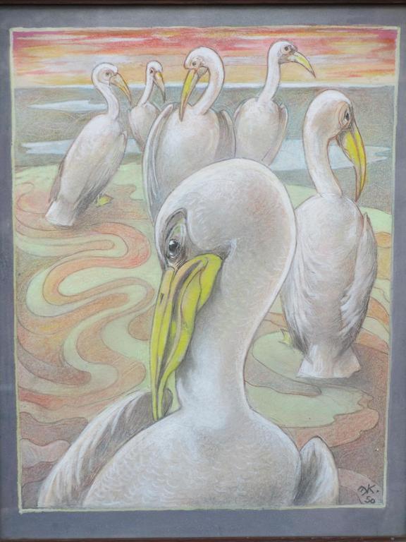 E.K. gesigneerd, Pelikanen, Art-Deco tekening kopen? Bied vanaf 1!