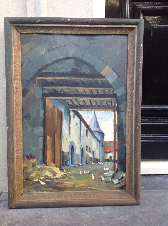 Onbekende kunstenaar, J. Veltman, straatje met kippen  verkocht voor € 35!