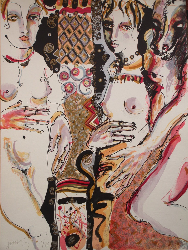 Jan Voss, Twee blote vrouwen en een wolf, Kleurenlitho verkocht voor € 60!
