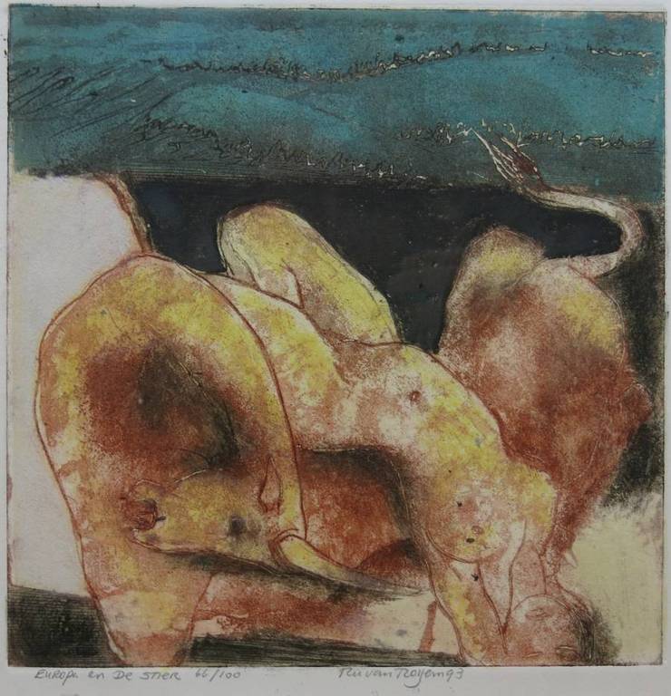 Ru van Rossem: Kleurenets/Aquatint, Europa en de Stier - Ingelijst verkocht voor € 100!