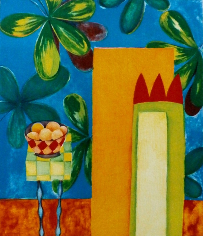 Fenneke van der Elst - zeefdruk: Tafeltje met sinaasappels - 1997 verkocht voor € 39!