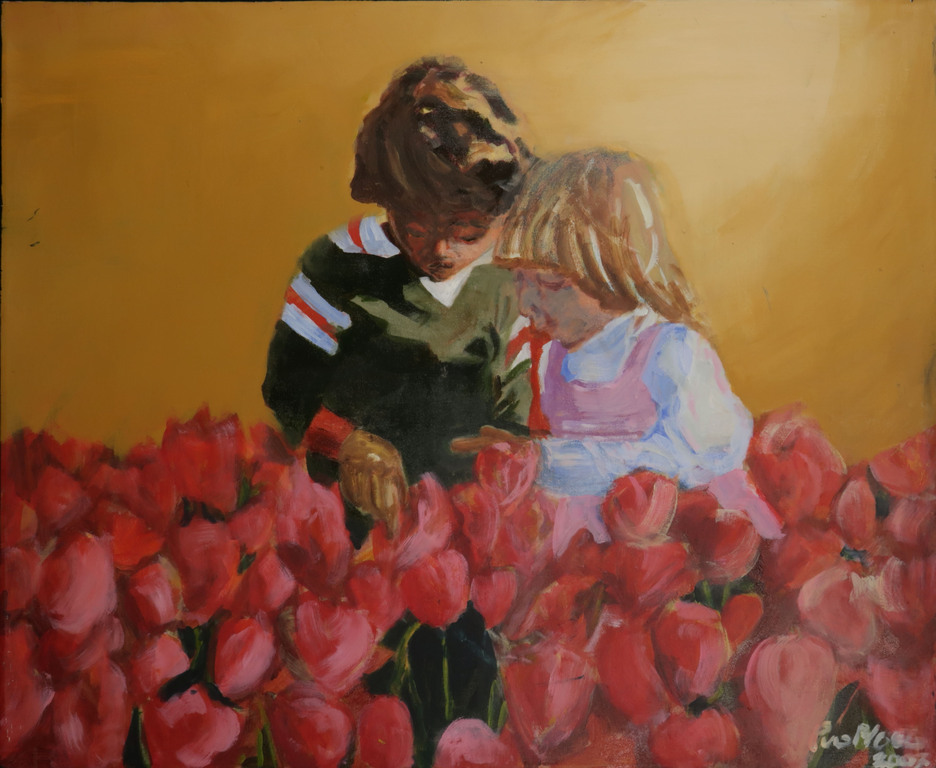 Peter van der Ploeg: Olieverf op doek, Tussen de bloemen  verkocht voor € 100!