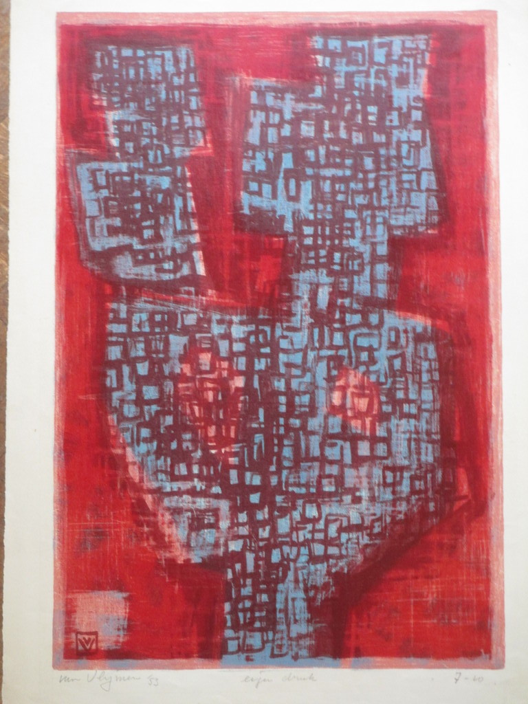 Koos van Vlijmen, Abstracte compositie tegen rood, Kleurenlitho verkocht voor € 67!