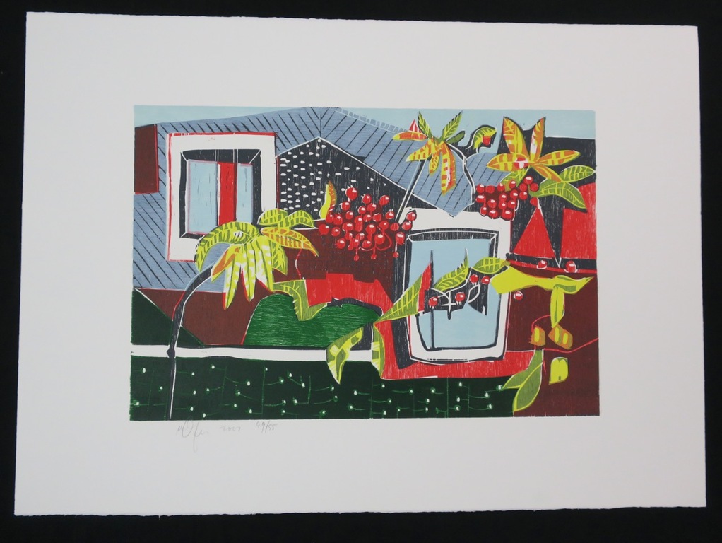 Vincent van Ojen: Houtsnede, Compositie met bessentakjes verkocht voor € 40!