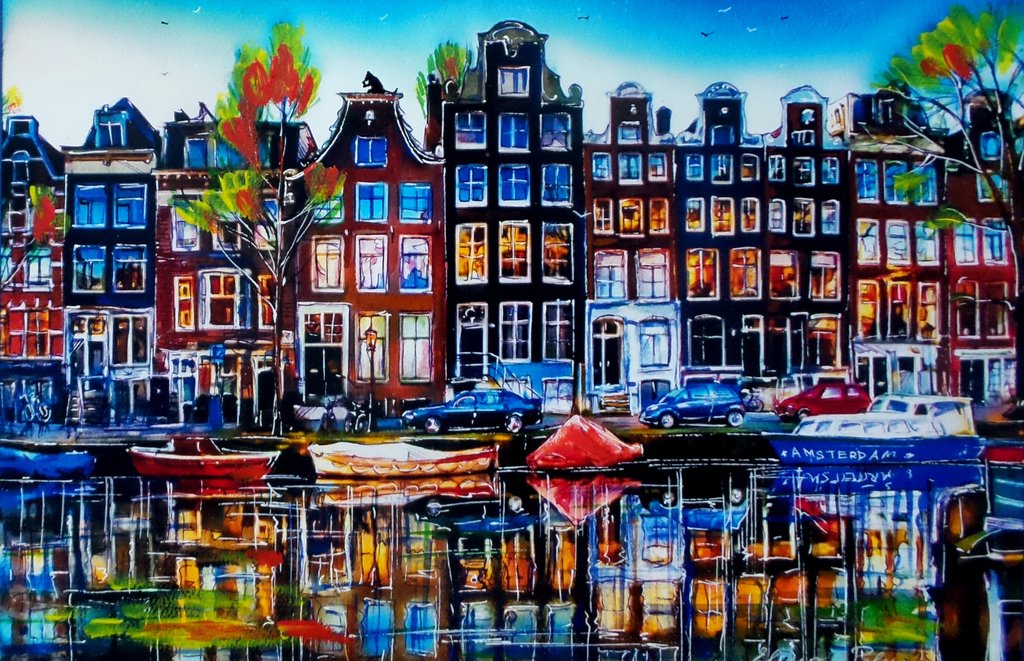 Elena Polyakova (21e eeuw)  - Amsterdamse grachten -Gemengde techniek op karton kopen? Bied vanaf 100!