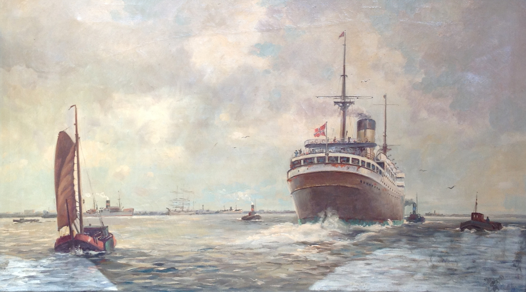  Kunstenaar: onbekend,&nbsp;mogelijk P.J.A. Wagemans, havengezicht verkocht voor € 80!