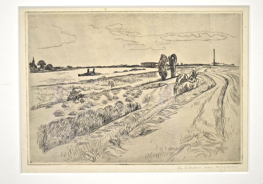 Antoon Derkzen van Angeren: Ets. Rivierlandschap kopen? Bied vanaf 35!