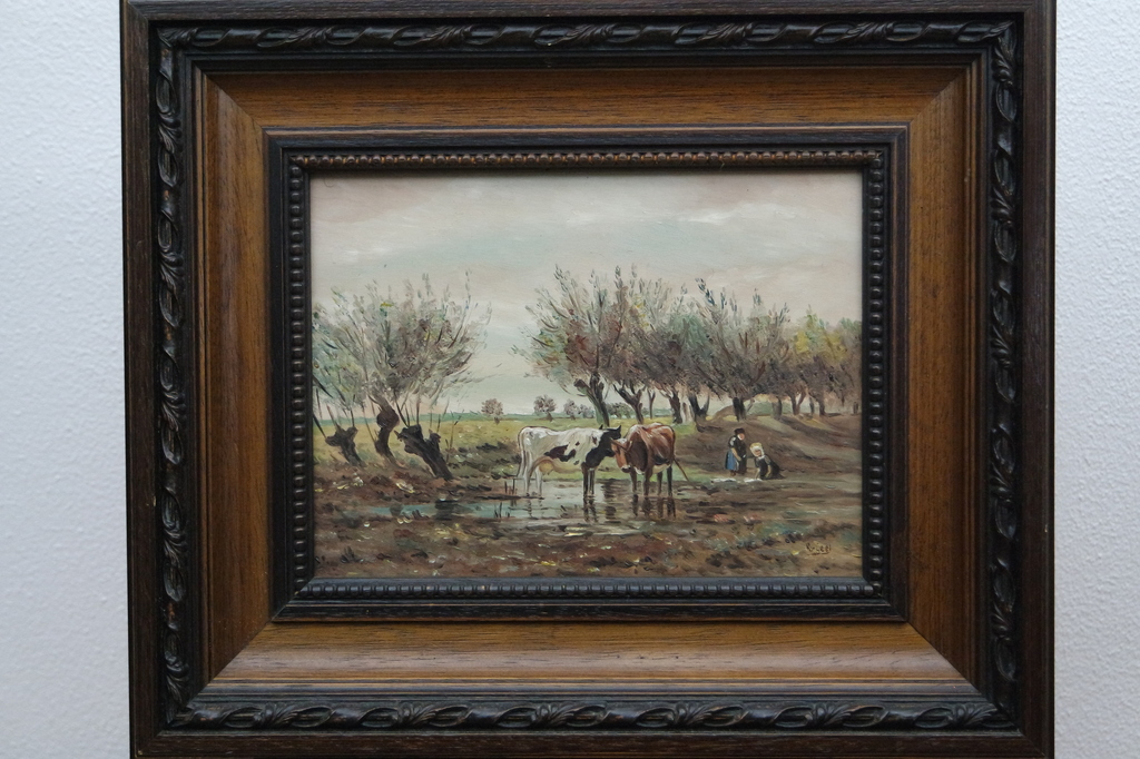 R. v. Geel - Landschap met koeien - olieverf op paneel - gesigneerd l.o. verkocht voor € 59!