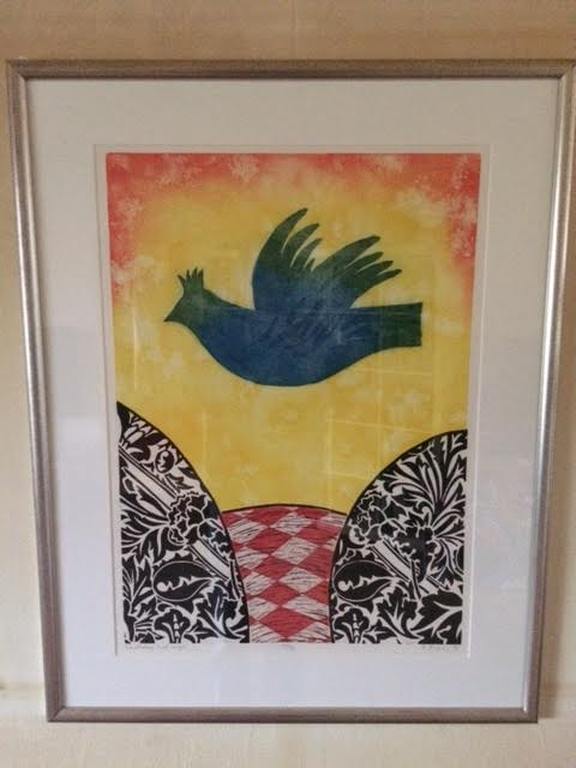 Eliza Kopec  Grote zeer fraaie zeefdruk Titel Donderkop met vogel  Ingelijst verkocht voor € 35!