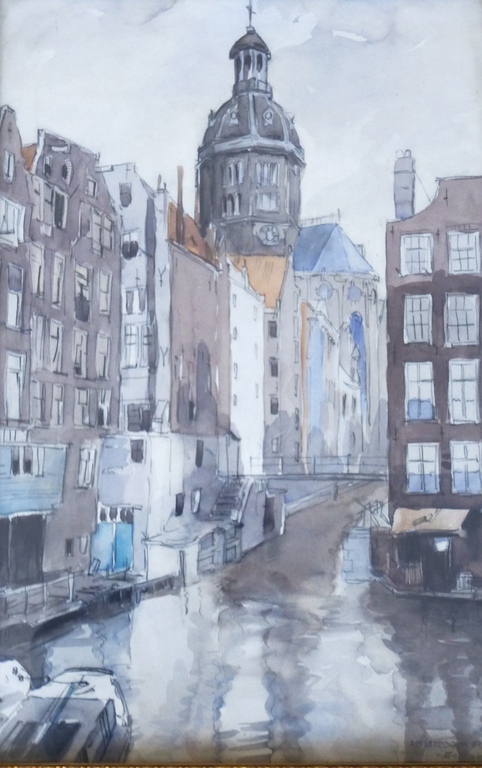 Willem Fekken, aquarel: Het Kolkje, Amsterdam, handgesigneerd verkocht voor € 160!