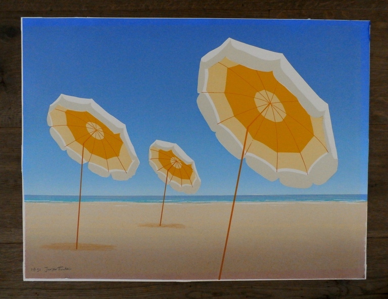 Jurjen Fontein - Zeefdruk - Parasols op strand kopen? Bied vanaf 45!