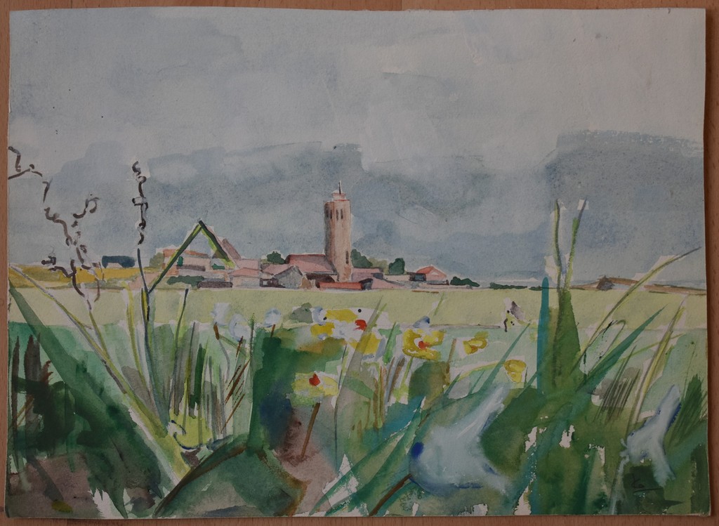 Ko van Velsen (1953 Badhoevedorp ), Aquarel, dorpsgezicht. kopen? Bied vanaf 1!
