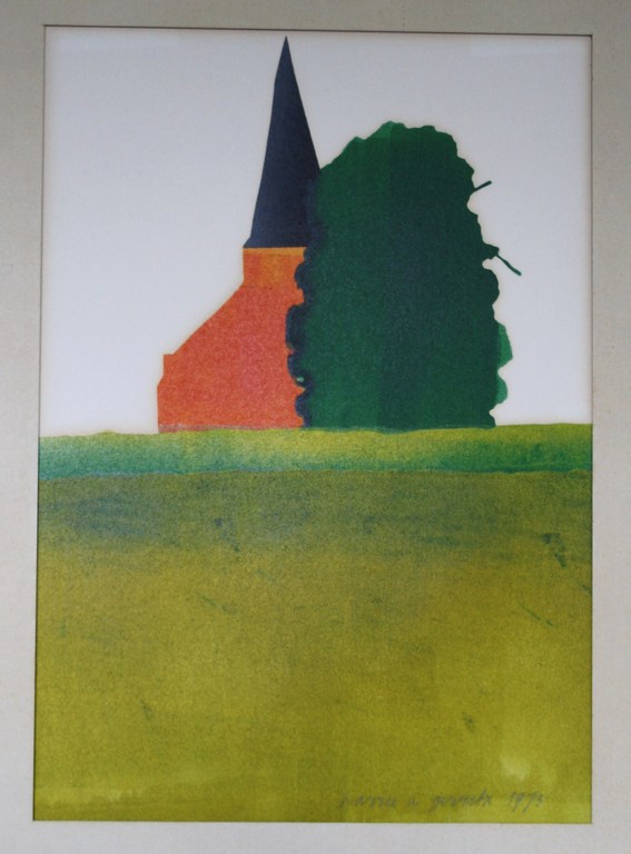 Harrie Gerritz, monotype -rood kerkje- verkocht voor € 250!