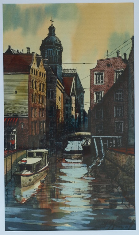 Onduidelijke signatuur : Gouache , Gracht in Amsterdam – ingelijst  verkocht voor € 35!