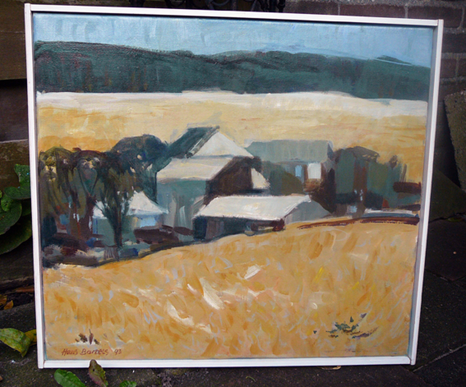 Hans Bartels: Dorp omgeven door korenvelden -olieverf 1993- verkocht voor € 45!