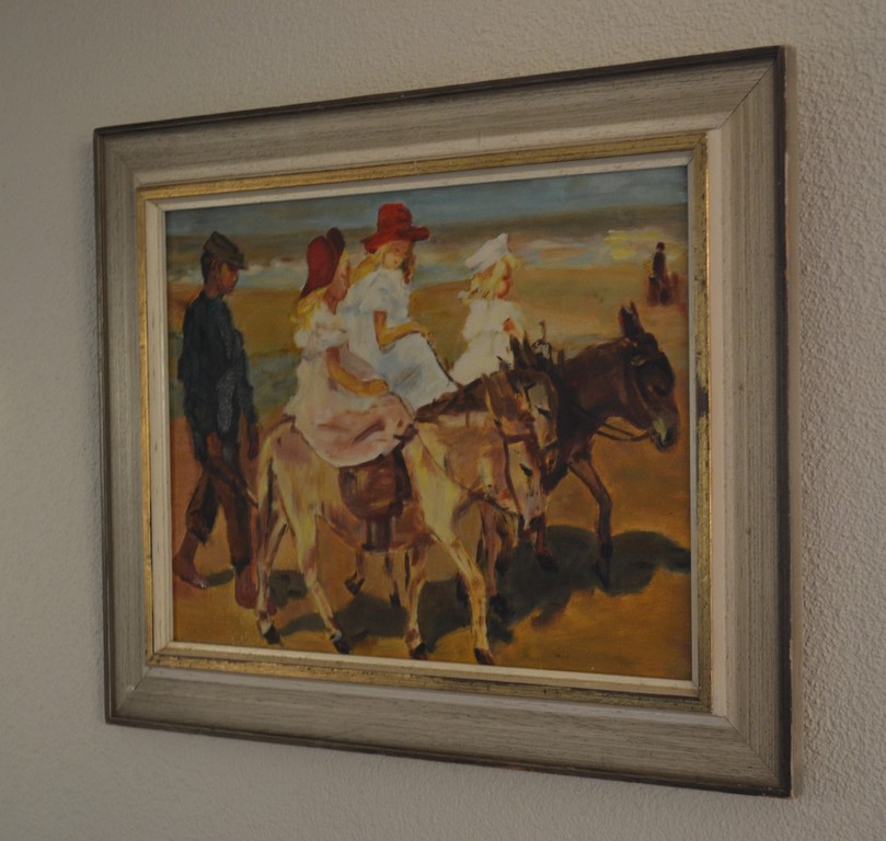 Ongesigneerd: olieverf op doek, ezeltje rijden langs het strand kopen? Bied vanaf 1!