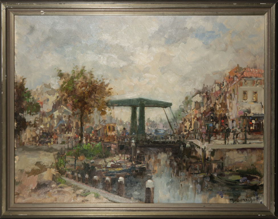 Theodorus van Oorschot: Olieverf op doek, Stadje met ophaalbrug - Ingelijst verkocht voor € 460!