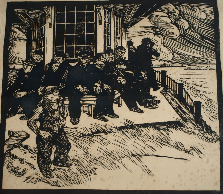 Joseph Raphael : Houtsnede, Old Sailors at the Pavilion in the Dunes – 1927 verkocht voor € 40!