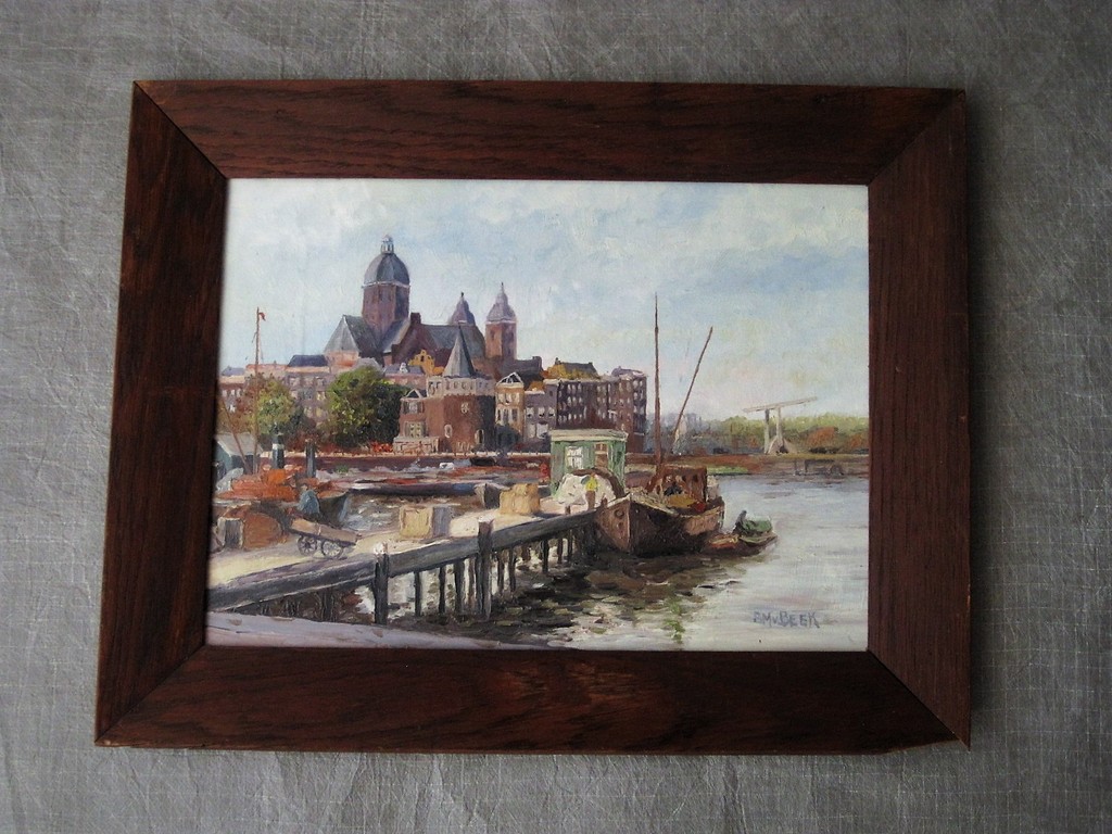 Oud gesignrd olieverf "Amsterdam Prins Hendrikkade en Schreierstoren" S.M.v Beek kopen? Bied vanaf 1!