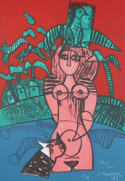 Corneille: Litho, Z.T. vrouw met poes en vogels kopen? Bied vanaf 70!