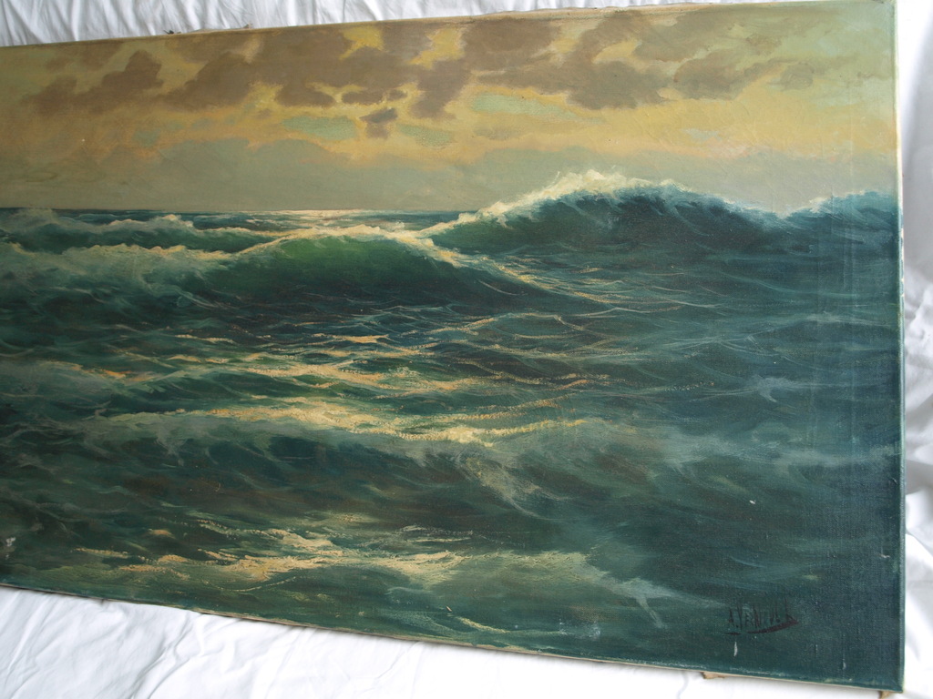 Onduidelijke signatuur : Olieverf op doek , Zeegezicht – 60 x 100 cm kopen? Bied vanaf 125!