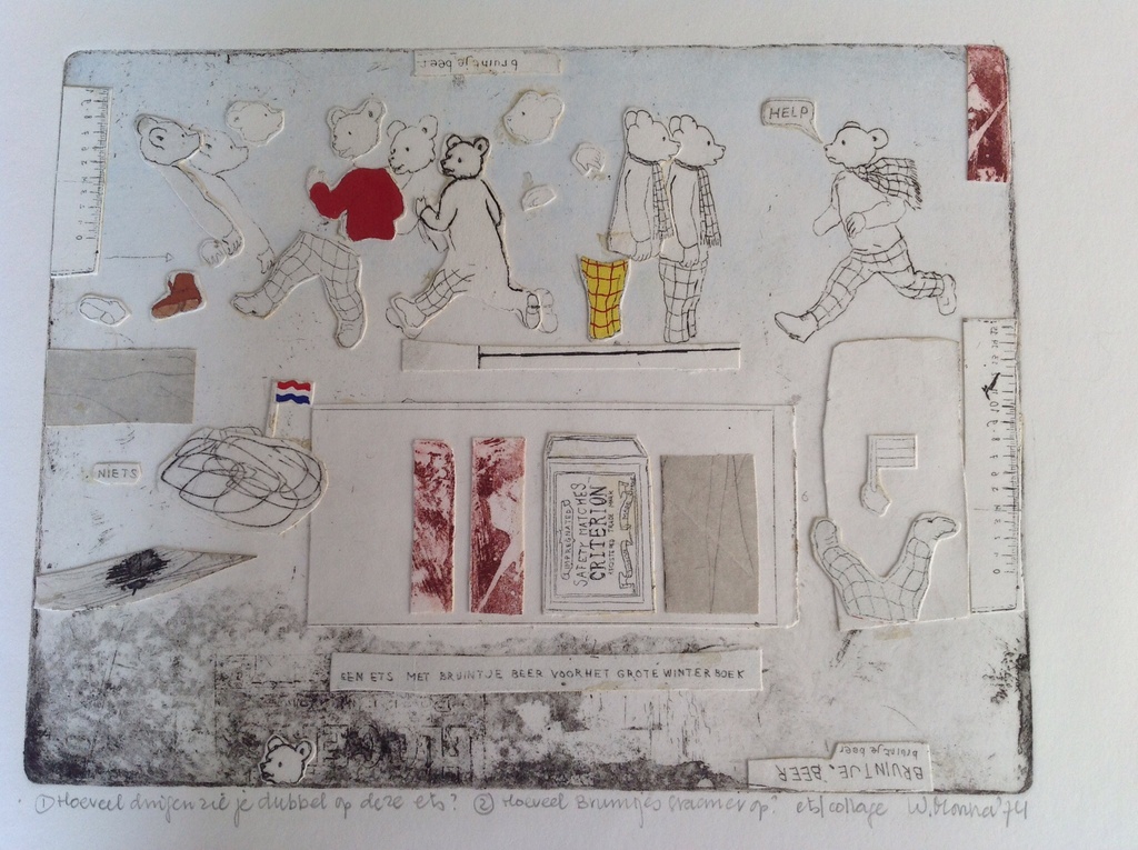 W.Monna : kleurets : ets , collage met bruintje beer , 1974 kopen? Bied vanaf 45!