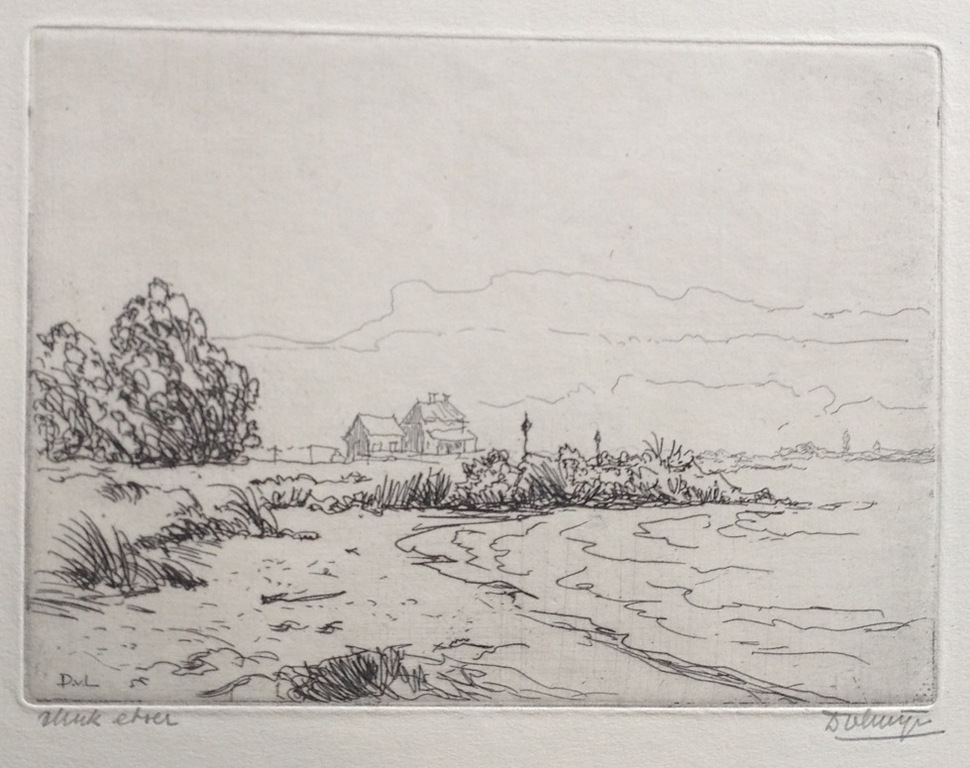Ets Aan de Rijn uit 1946 door Dirk van Luijn. verkocht voor € 35!