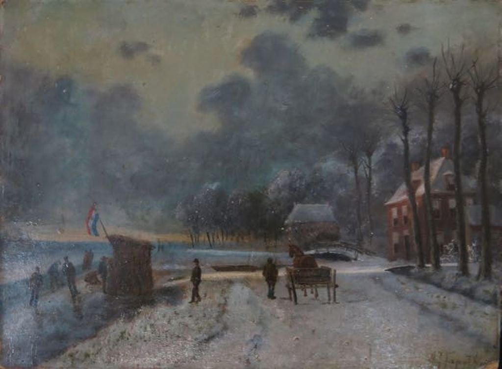 Albertus J. Sap van Drenthe: Olieverf op paneel, Winterlandschap met schaatsers kopen? Bied vanaf 120!
