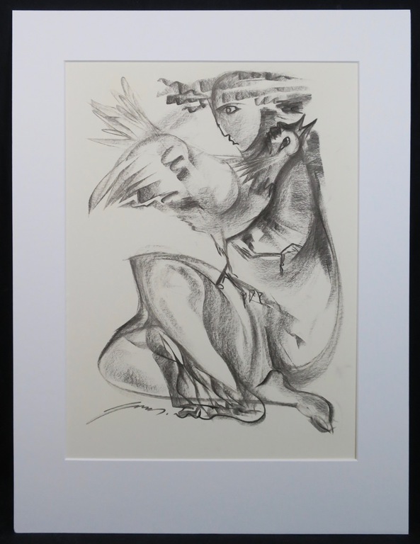 Tjavdar Iliev: Krijttekening, Figuur met vogel kopen? Bied vanaf 50!