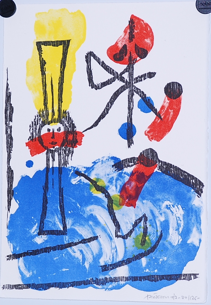 Jef Diederen: Kleurenlitho. Compositie met gezicht verkocht voor € 70!