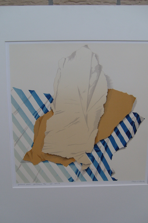 Loes Huis in 't Veld, Gescheurd Papier, geel/blauw serie 4, zeefdruk 1986 kopen? Bied vanaf 50!