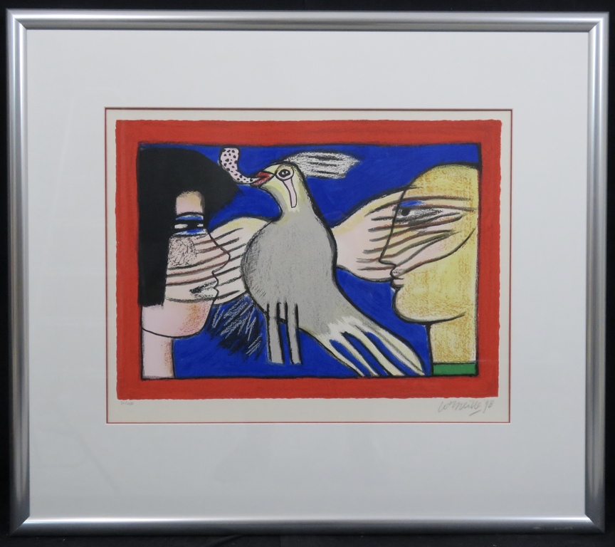 Corneille: Zeefdruk, Dialogue avec loiseau - Ingelijst verkocht voor € 280!