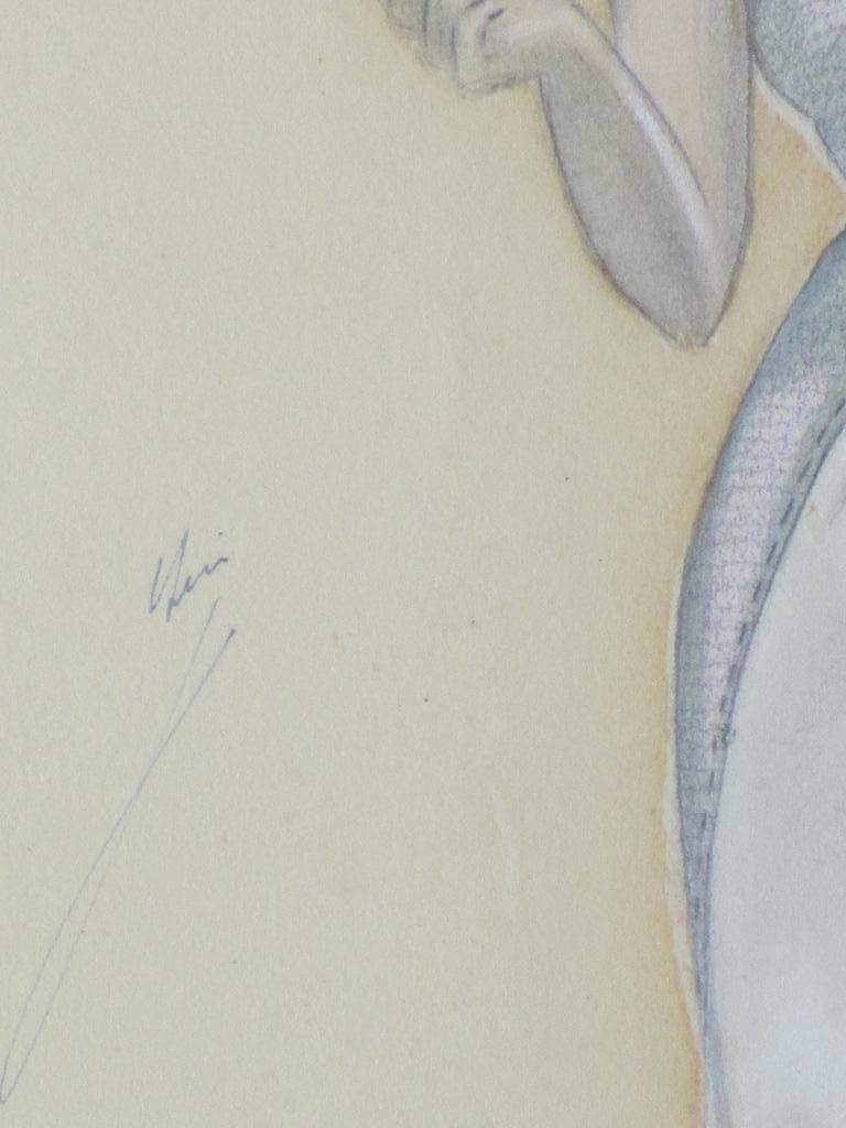 Leni Linthout, Model met krullend haar in witte jurk, Kleurtekening kopen? Bied vanaf 40!