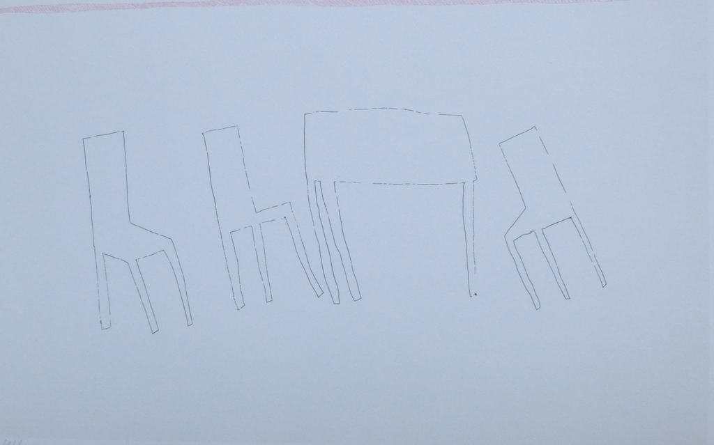 Klaas Gubbels, zeefdruk: tafel en stoelen, 1981, handgesigneerd kopen? Bied vanaf 125!