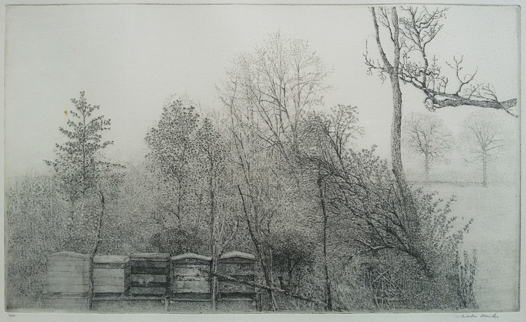 Charles Donker - Bijenkasten tussen struikgewas, ets (ingelijst) verkocht voor € 250!