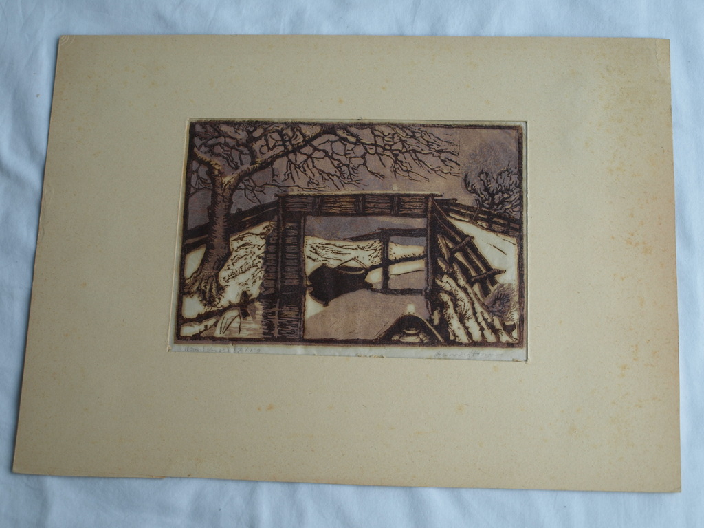 Louis Haver : Houtsnede , De houten brug – Gesigneerd – ca 1950 kopen? Bied vanaf 25!