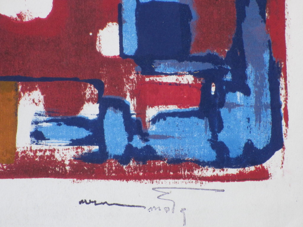 Wim Motz, Compositie in rood en blauw, Kleurenlitho kopen? Bied vanaf 1!