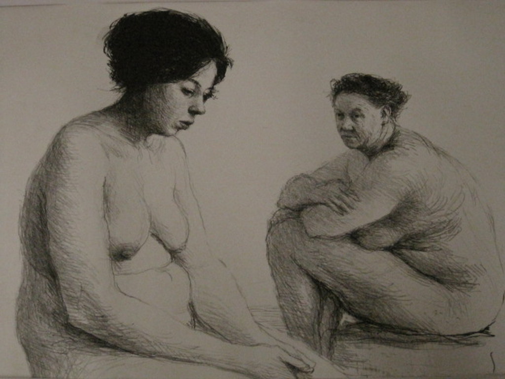 Aat Veldhoen (1934-) grote litho "moeder en dochter" gesign r.o. 1964 verkocht voor € 65!