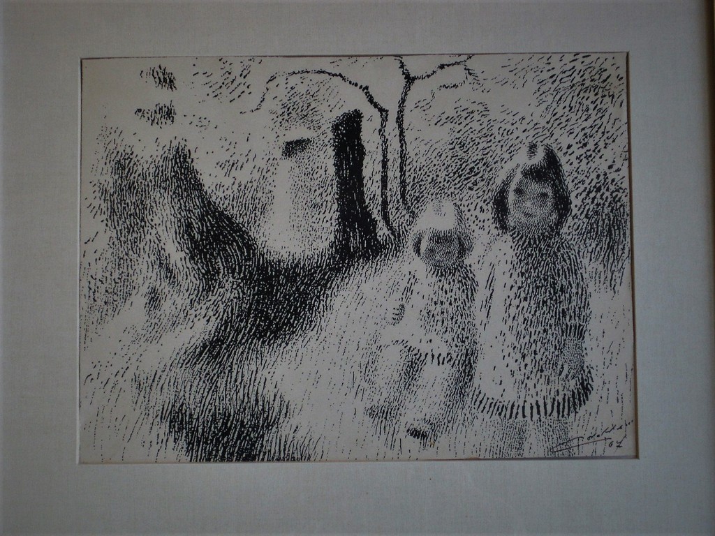 Mooie Divisionistische Inkttekening "zusjes in landschap" gesigneerd/gedateerd kopen? Bied vanaf 1!