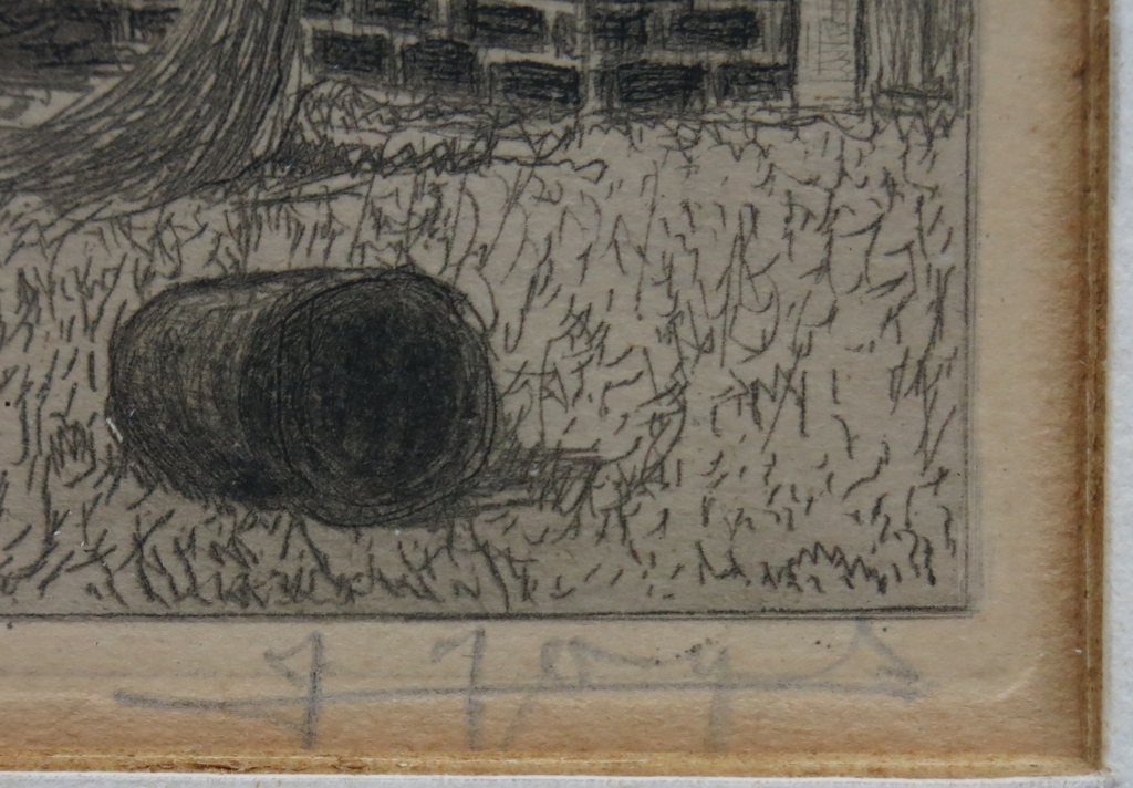 Onbekend gesigneerd: Ets, huisje met regenton -Ingelijst kopen? Bied vanaf 1!