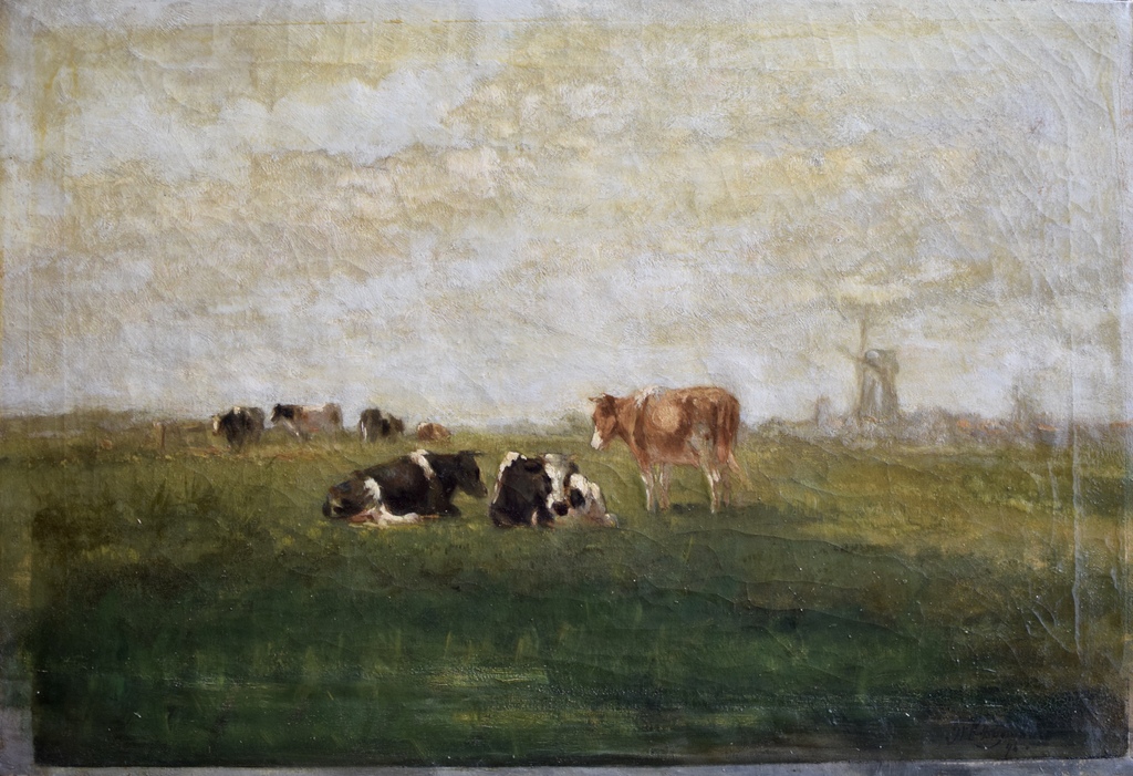 Johannes Jacob Hendrik Swijser, olieverf op doek, Koeien in hollandse polder kopen? Bied vanaf 30!