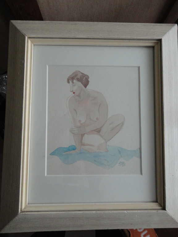 Pieter Pouwels, aquarel met potlood, knielend naakt verkocht voor € 45!