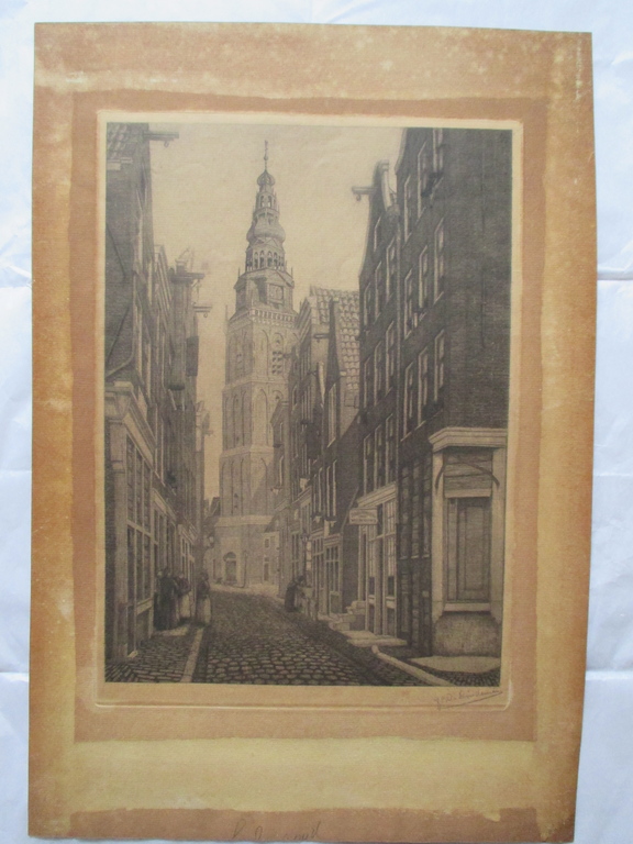 J.W. Lindeman, ets Amsterdam, gezicht op de Oude Kerk vanuit de Wijde Kerksteeg. kopen? Bied vanaf 1!