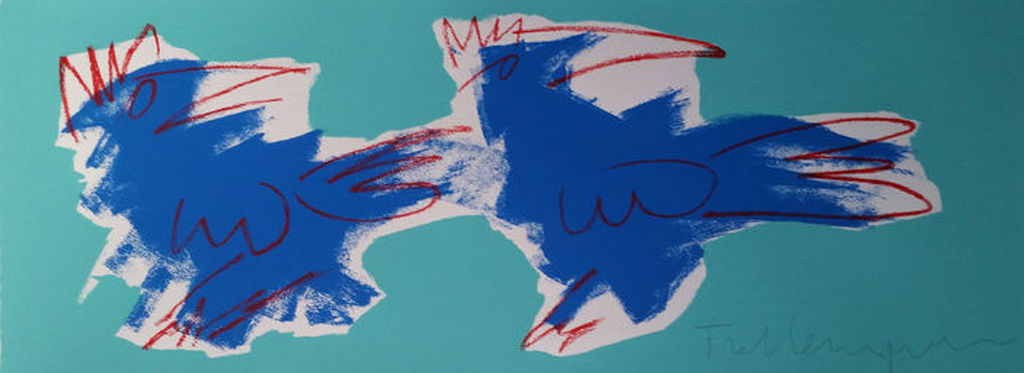 Frank Lengvenius "Blue Birds on Mint" gesigneerde zeefdruk op papier verkocht voor € 60!