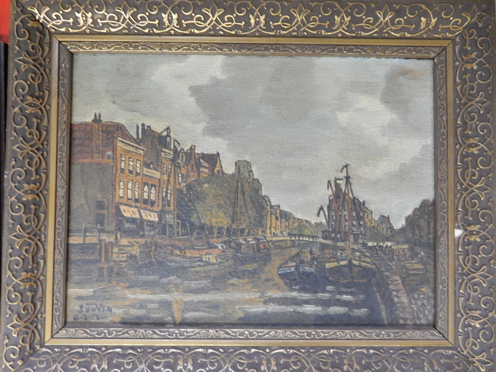 Oud olieverfschilderij boerderij met kippen - daarbij 19 stuks - gesigneerd kopen? Bied vanaf 1!
