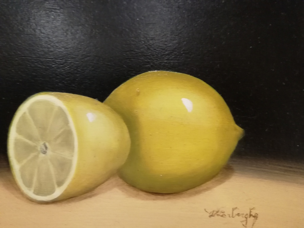 schilderij onbekend kunstenaar - stilleven citroenen - dolfyn techniek verkocht voor € 101!