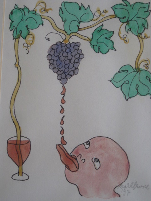 Karakteristieke Aquarel "wijnkenner" van Mark Brusse (1937-) gesigneerd  kopen? Bied vanaf 1!