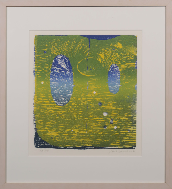 Joris Geurts: Houtsnede, Z.T. (blauw/geel) - Ingelijst kopen? Bied vanaf 1!