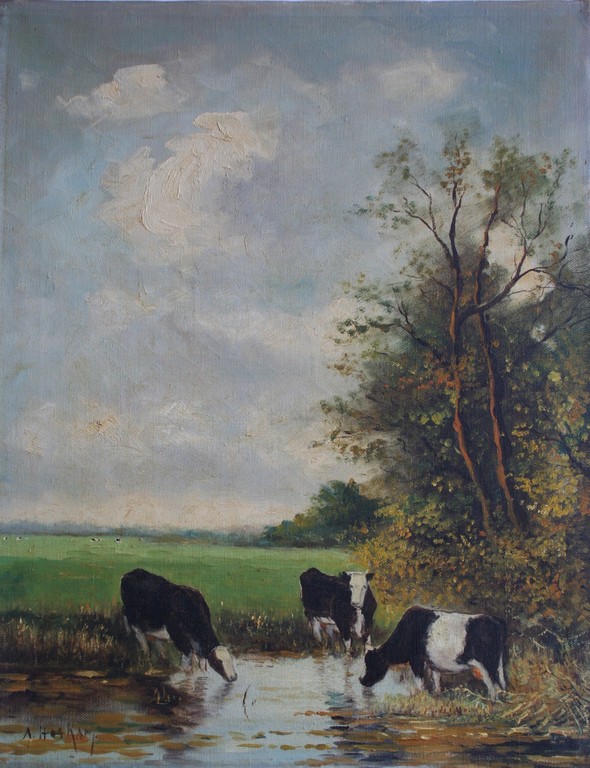 Onbekende kunstenaar - olieverf op doek - koeien bij een sloot - gesigneerd kopen? Bied vanaf 1!