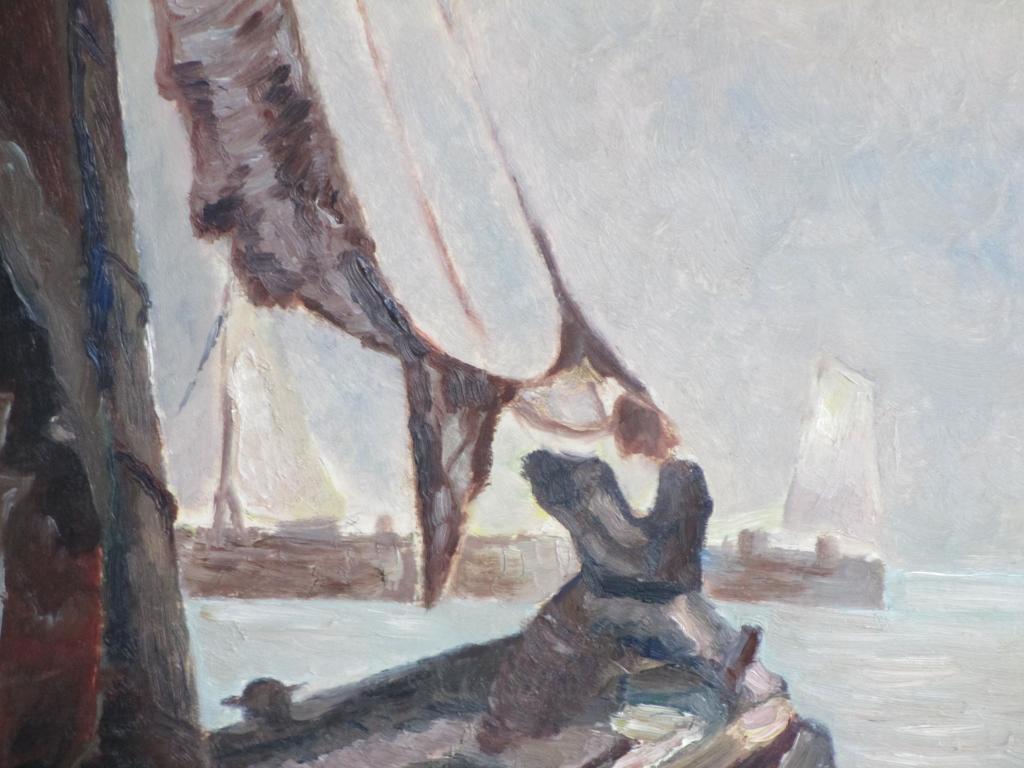 Onbekende kunstenaar, Schepen in vissershaven, Olie op board kopen? Bied vanaf 1!